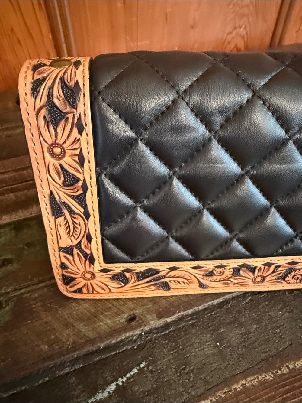 American Darling Black Quilted Wallet with Tan Hand-Tooled Floral Trim - Picture 2 of 10
